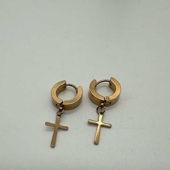 Gold tone dangle cross hugger hoops - Picture 2 of 2